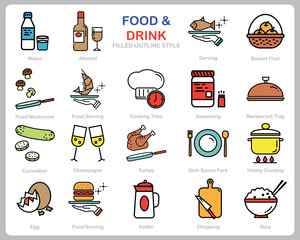 Foods and Drink icon set for website, document, poster design, printing, application. Food and Drink concept icon filled outline style.