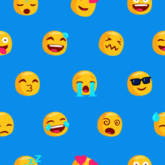 Fototapeta premium Emoji pattern in blue background. Ready for printing on textile and other seamless design.