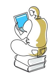 One line drawing of young male studying with laptop and sitting on books.
One continuous line drawing of online education concept.