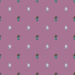 Vintage nature seamless pattern with little acorn ornament. Purple pastel background. Floral vintage shapes.