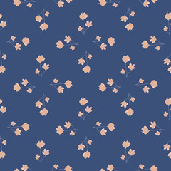 Floral bloom seamless pattern with pink little naive flowers shapes print. Navy blue bright background.