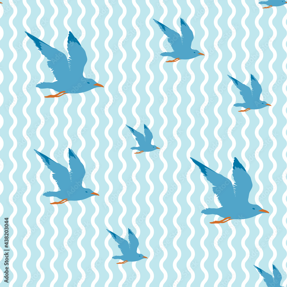 Poster vector seamless sea pattern with flying seabirds - seagulls on a light backdrop with a vertical wavy