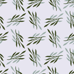 Green and blue leaf branches botanic seamless pattern. Light pastel background. Abstract foliage print.