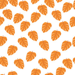 Decorative seamless pattern with bright orange monstera doodle shapes. Isolated background. Simple style.