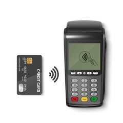 Vector 3d Realistic Black Wi-Fi Payment Machine and Credit Card. POS Terminal Isolated. Design Template, Bank Payment Terminal, Mockup. Processing NFC Payments Device. Top View