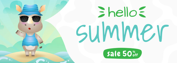 summer sale banner with a cute rhino using summer costume