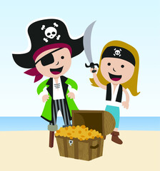 Pirates with treasure chest. Illustration for kids. Flat style