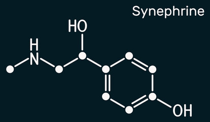 Synephrine, p-synephrine molecule. It is phenethylamine alkaloid. Skeletal chemical formula on the dark blue background