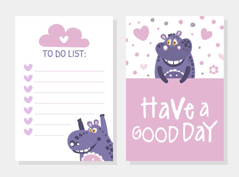 To Do List Template Decorated with Adorable Funny Hippopotamus Characters Vector Illustration