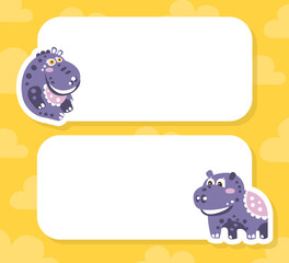 Cute Funny Baby Hippo Characters with Blank Signboards Set, Birthday Party Banner, Poster, Background Design Vector Illustration