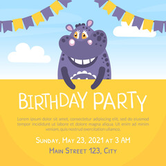 Birthday Party Banner Template, Invitation Card Design with Cute African Animal Vector Illustration