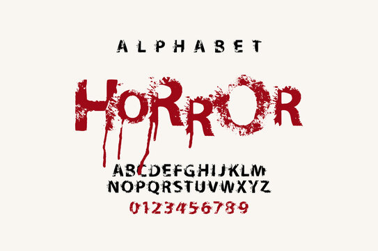 HORROR lettering in awful dripping bloody letters. Splattered Alphabet, vector set of alphabet letters and numbers on a light background. Scary font for headline, poster, label. Halloween party style