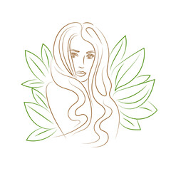 Portrait of a beautiful girl on a background of leaves. simple linear drawing on a white background.