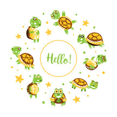 Hello Card with Happy Green Turtle with Shell Vector Illustration