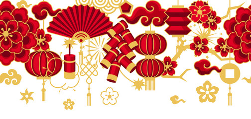 Happy Chinese New Year ceamless pattern. Background with oriental symbols.
