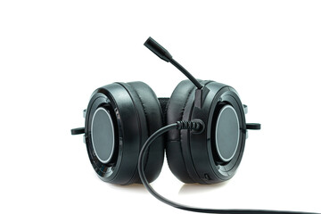 Gaming headset, Hight quality sound black headphones on a white background.