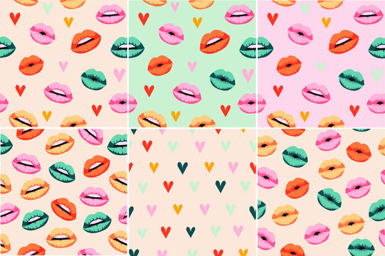 Woman lips kisses seamless pattern collection. Shades of  lipstick and hearts. Love theme, feminine design, Valentine's day. Variety of lip shapes on a soft background for textile, fabric, wallpaper