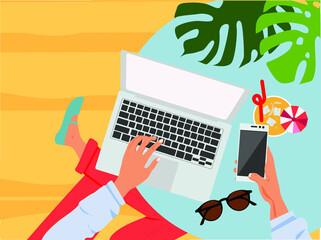 Work in café. Female freelancer is sitting in modern  café at the table with take away summer drink, laptop, sun glasses and mobile phone in hand. Vector illustration. Remote work concept