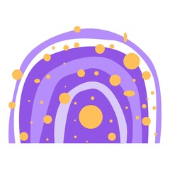 Obraz premium Boho rainbow in purple, decorated with yellow dots. Poster. Scandinavian design for kids wallpaper and home decor. Boho rainbow for baby shower invitations, postcards, posters in the nursery. Vector