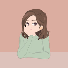 Anime girl. Vector anime characters. Anime girl in japanese. Anime style, drawn vector illustration. Cute girl with brown curly hair, big purple eyes. Cartoon girl. Vector illustration.