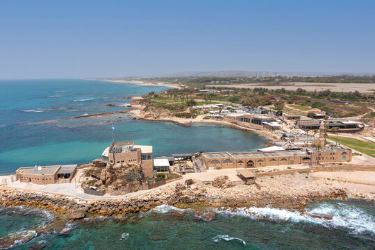 Caesarea Ancient Port, Built By Herod The Great, Aerial View.