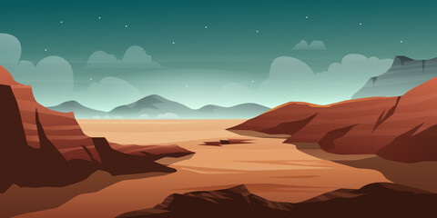 Plakat Illustration of desert with mountain hill in the night scene beautiful sky with star background