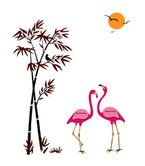 Vector illustration of Flamingo Birds near a Bamboo Tree. Sunset