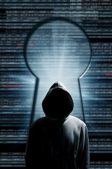 mysterious hooded man with code and a keyhole, hacker and cybercrime concept