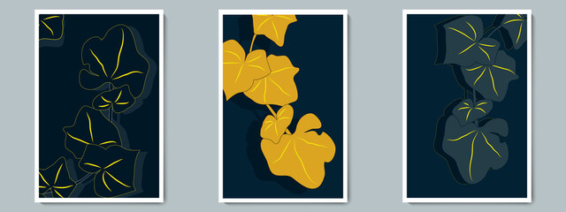 Fototapeta na wymiar Botanical Dark Luxury Wall Art Vector Poster Set. Minimalist Shadow Blue, Gold Plant with Night Background. Wall art Desing for Home Decor, Print, Cover, Wallpaper, Frame, Prints.