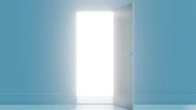 3d render video of house door opening with strong light background, future concept