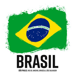 Brasil, flag of Brazil, banner with grunge brush. "São Paulo, Rio de Janeiro, Brasília, São Salvador" - São Paulo, Rio, Brasilia, Salvador.
