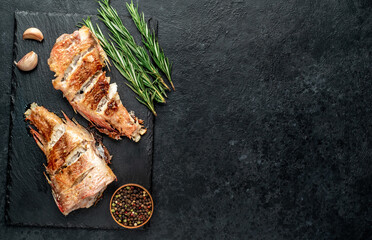 grilled red sea bass on stone background with copy space for your text