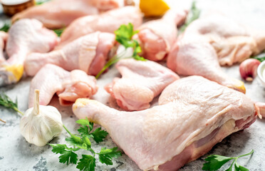 Different parts of chicken for barbecue with breast, legs and wings on stone background