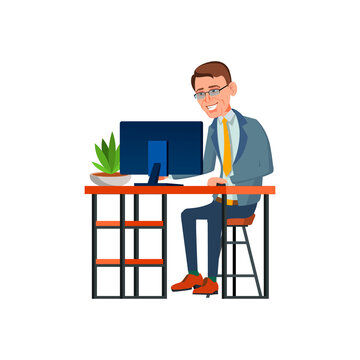happy man manager working on computer with financial report cartoon vector. happy man manager working on computer with financial report character. isolated flat cartoon illustration