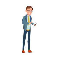 businessman with smartphone talking with employees in office cartoon vector. businessman with smartphone talking with employees in office character. isolated flat cartoon illustration