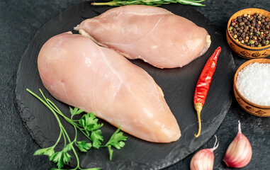 Raw chicken breasts with spices on a stone background
