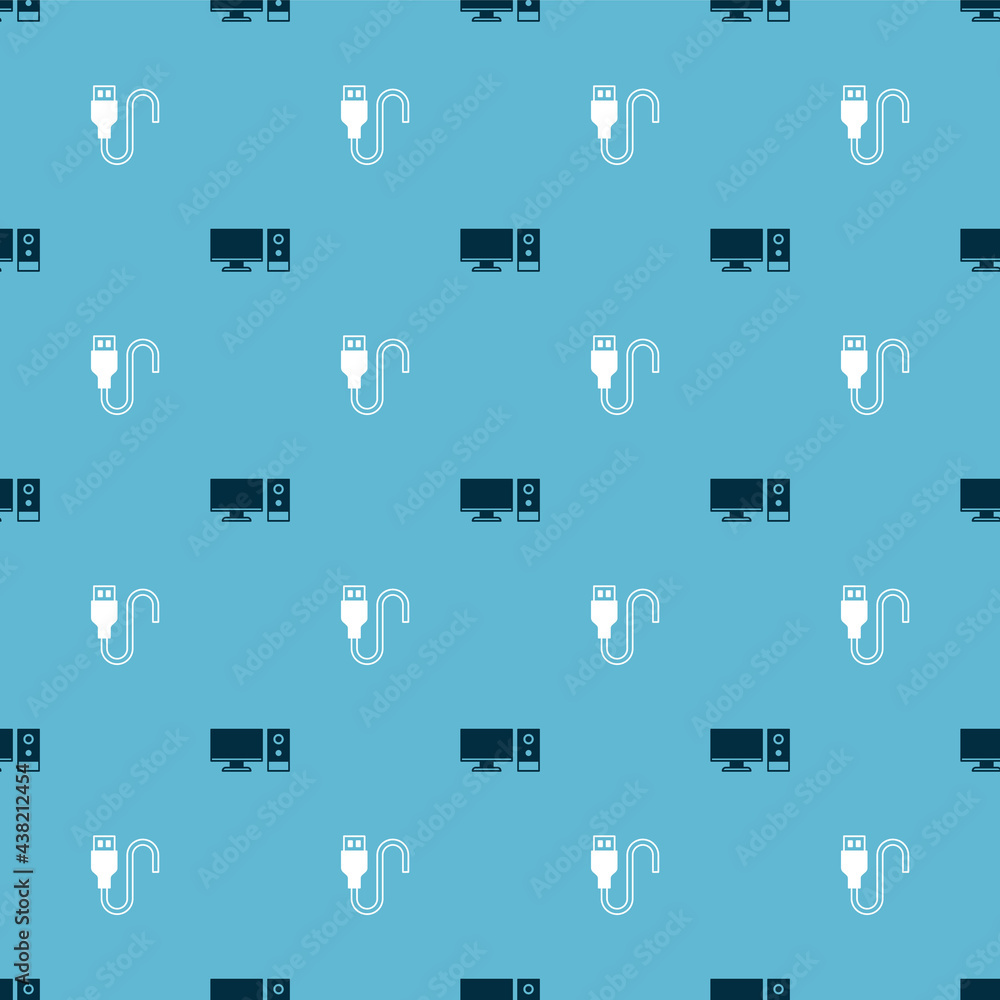 Poster set computer monitor and usb cable cord on seamless pattern. vector
