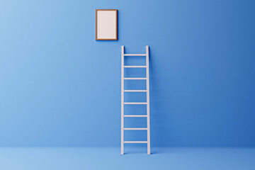 White staircase on light blue wall background with reflection and shadow, picture frame 3D rendering.