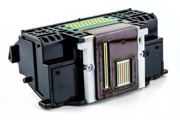 A close-up shot of the printing nozzles and electrical contacts in the inkjet printer head,...