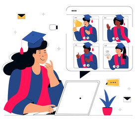 A Virtual Graduation Ceremony. Online education. Graduate woman in gown and mortarboard sits in front of a laptop. Diversity Students make a conference video call.