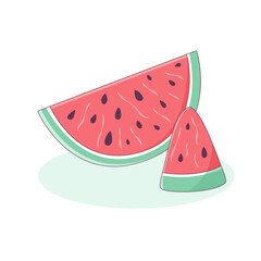 Slices of cut watermelon isolated on white background. A seasonal refreshing sweet dessert. Summer vacation food. Vector illustration in cartoon style