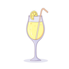 Summer cocktail glass with a straw and a lemon wedge. Refreshing lemonade, summer drink. Vector illustration in cartoon style with outline on the theme of vacation.