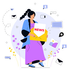 Newsletter. E-mail marketing concept. A young girl holds huge messages. Advertising media, target consumers, invite people, notifications, offers.