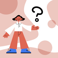 Happy person standing, question on hand. Vector modern stock illustration. Smiling woman or man holding a question sign. Concept: ask, faq, doubt, answer, help. Abstract cartoon background with girl