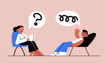 Female psychologist, psychotherapist and patient on sofa. Concept: psychotherapy, psychological session, consultation. Mental health care illustration. Vector stock people. Doctor asking question