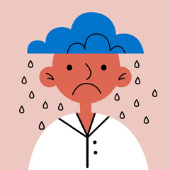 Person in depression with rain, clouds. Concept of depression, stress, problems. Sad teen portrait. Abstract illustration: depressed crying woman or man. Eps flat vector illustration. Mental health
