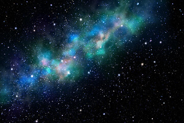 Space background with nebula and stars. Blue green galaxy and stars on a dark background. Starry sky.