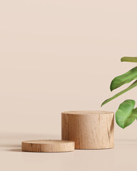 Wooden product display podium with nature leaves on brown background. 3D rendering	
