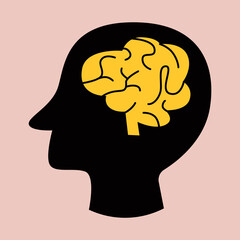 Head black silhouette with brain. Mental health medical treatment idea. Concept of psychology, intellect, education, medicine, human brain . Male profile head. Eps flat vector illustration isolated