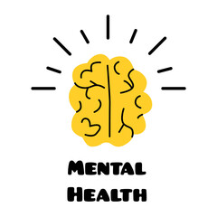 Yellow cartoon brain isolated on white, text. Concept of psychology, thinking, medicine, help, psychiatry. Vector stock illustration. Mental health care. Web neurology, psychotherapy, self love design